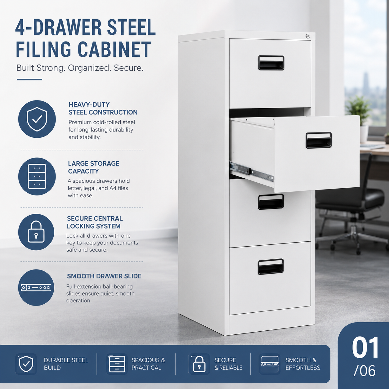 4-drawer storage cabinet, storage cabinet, filing cabinet, 4 drawer cabinet, office storage cabinet, office filing cabinet, document storage cabinet, file storage cabinet, office drawer cabinet, vertical filing cabinet, lateral filing cabinet, office storage furniture, document organizer cabinet, office organization cabinet, office cupboard, office file cabinet 4 drawer, metal storage cabinet, steel storage cabinet, wooden storage cabinet, wood office cabinet, MDF storage cabinet, laminate storage cabinet, durable storage cabinet, heavy duty storage cabinet, high quality storage cabinet, premium storage cabinet, modern storage cabinet, contemporary storage cabinet, minimalist storage cabinet, sleek storage cabinet, stylish storage cabinet, space saving storage cabinet, compact storage cabinet, vertical storage unit, freestanding cabinet, floor standing storage cabinet, lockable storage cabinet, secure storage cabinet, keyed storage cabinet, office cabinet with lock, anti theft storage cabinet, office document cabinet, records filing cabinet, archive storage cabinet, paper storage cabinet, stationery storage cabinet, business storage cabinet, corporate storage cabinet, professional storage cabinet, workplace storage cabinet, commercial storage cabinet, industrial storage cabinet, office supply cabinet, administrative storage cabinet, office workstation storage, under desk storage cabinet, side storage cabinet, pedestal storage cabinet, mobile storage cabinet, rolling storage cabinet, drawer unit cabinet, multi drawer storage unit, office organizer cabinet, document filing system cabinet, file organizer furniture, office filing system, records management cabinet, office furniture storage unit, efficient office storage, organized storage cabinet, multifunction storage cabinet, utility storage cabinet, general office cabinet, storage solution cabinet, workspace organization cabinet, modern office furniture storage, premium office furniture cabinet, high performance storage cabinet, durable office organization furniture, office cabinet modern design, corporate office storage solution, business office organization furniture, professional workspace storage cabinet, office storage and filing solution, executive storage cabinet, manager storage cabinet, office interior storage furniture, commercial grade storage cabinet, reinforced storage cabinet, scratch resistant cabinet, powder coated cabinet, anti rust metal cabinet, high capacity storage cabinet, large storage cabinet, medium storage cabinet, compact office cabinet, modular storage cabinet, customizable storage cabinet, multi purpose storage cabinet, office cabinet for documents, office cabinet for files, office cabinet for paperwork, office cabinet for office supplies, office cabinet for equipment storage, office cabinet for workplace organization, office cabinet for home office, office cabinet for commercial use, office cabinet for corporate environments, office cabinet for modern offices, office cabinet built for durability, office cabinet designed for productivity, office drawer storage system, 4 drawer filing system cabinet, 4 drawer office organizer cabinet, vertical 4 drawer storage unit, office filing cabinet 4 drawer modern design, premium 4 drawer storage cabinet, high quality 4 drawer office cabinet, durable 4 drawer filing cabinet,